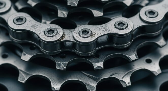 Close up of a bicycle chain and gears showing the intricate mechanism and engineering of the drivetrain for cycling and transportation