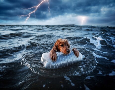 realistic photo of a drenched, shaggy orange dog floating in the middle of a choppy, stormy ocean using a mineral water bottle as a life preserver to survive, the cat shows a terrified expression