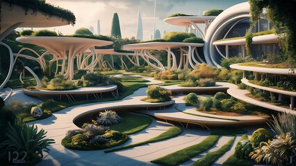 Futuristic Cityscape with Lush Greenery and Modern Architecture.