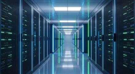 A futuristic server room with glowing blue and green lights, representing data storage, processing, and network infrastructure