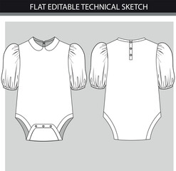 Baby bodysuit technical fashion illustration with long sleeves, oversized body, knee length. Flat apparel template front, back, white color style. CAD mockup