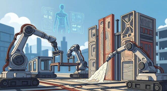 Futuristic robotic construction site with advanced technology and automation.
