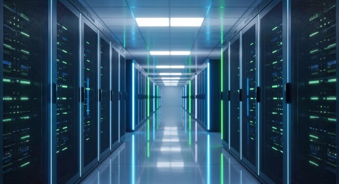 A futuristic server room with glowing blue and green lights, representing data storage, processing, and network infrastructure