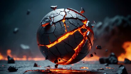 Glowing cracked sphere floating over molten ground surrounded by fire and smoke in a dark volcanic landscape with dramatic lighting - Powered by Adobe