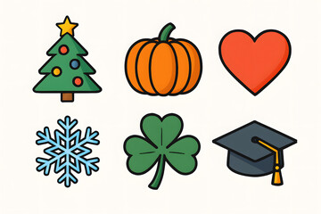 Fototapeta premium Iconic Symbol Array: A vibrant array of iconic symbols including a christmas tree, pumpkin, heart, snowflake, clover, and graduation cap, each carefully designed with simplicity and charm.