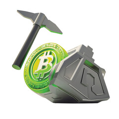 A digital illustration of a Bitcoin coin being mined with a pickaxe and a mining machine.