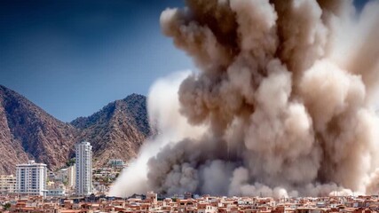 Apocalyptic Cityscape: A towering mushroom cloud erupts above a city skyline, casting a pall over the buildings and mountains. capturing the chaos and devastation. - Powered by Adobe