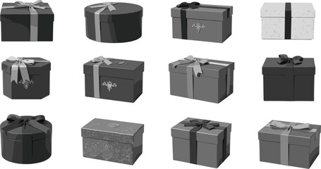 Collection of twelve unique gift boxes with ribbons and bows, festive packaging designs, holiday celebration presents, flat vector CAD illustration