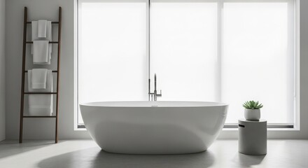 Bright and airy bathroom interior with a modern freestanding tub, ladder with towels, and a plant near a large window