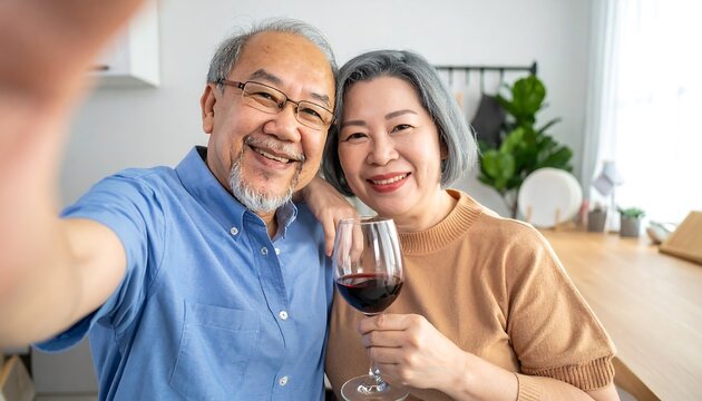 Smiling Asian elderly couple taking a selfie together indoors. One holds a glass of red wine. Both are looking at the camera and seem happy and relaxed
