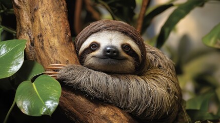 Naklejka premium A sloth hangs from a branch, surrounded by green leaves. Background for nature, animals, relaxation themes.
