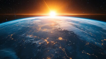 View of Earth from space, sunrise, city lights in the dark.
Background for scientific, space-related, and inspirational themes.