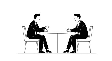Two men in suits sit at a round table, facing each other, in discussion
