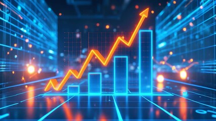 Glowing digital bar graph with rising orange arrow on futuristic blue grid, symbolizing data growth, technology progress, and financial success - Powered by Adobe