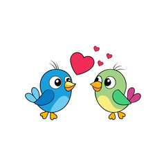 Cute cartoon birds in love with hearts floating above them isolated on white background