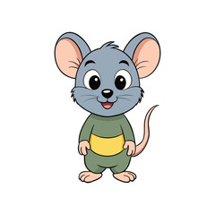 Cute cartoon grey mouse wearing a green shirt with a yellow stripe isolated on white background