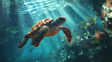Majestic Sea Turtle in Pritine Ocean Waters Amidst Vbrant Coral Reefs CapturedUnderwater