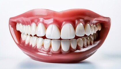 Obraz premium dental prosthesis displaying aligned white teeth healthy pink gums against white background representing professional oral healthcare restoration