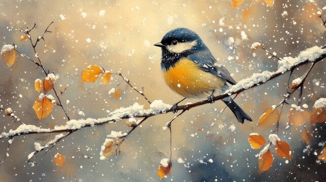 A bright bird on a branch, surrounded by snow and autumn leaves, symbolises the resilience of life in the face of climate change, which is suitable for illustrations in environmental articles  