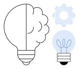 Brain-shaped bulb paired with gear and minimal lightbulb symbolizing creativity, technology, and ideas. Ideal for innovation, problem-solving, science, engineering, brainstorming, education simple