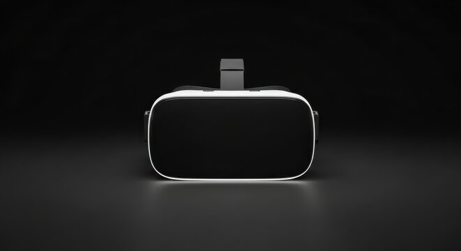 Sleek black and white vr headset with a minimalist design, positioned centrally on a dark surface, showcasing modern technology