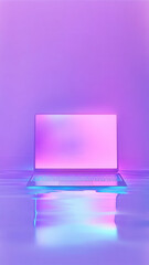 Neon glowing laptop with an empty gradient screen and thin fog veil around. Vertical pastel futuristic minimalist mockup. Trendy aspect of coding and programming