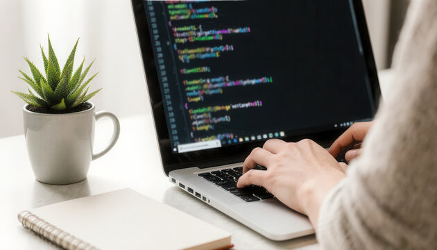 Hands on laptop keyboard with blurred coding signes on screen, cozy pastel desk setup with green plant and ceramic cup. Mock up for programming. - Powered by Adobe