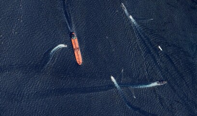 Aerial satellite view showing cargo ships navigating across the blue ocean — high-resolution imagery highlighting maritime transport and global trade routes © Aerial View