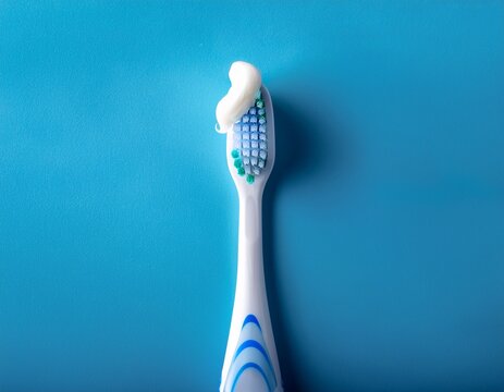 white toothbrush with some white toothpaste on blue background dental care advertising