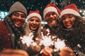 A young group of friends burns sparklers on New Year's Eve on the street