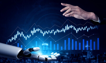 A robotic hand reaches towards a human hand against a digital backdrop with data visualization,...