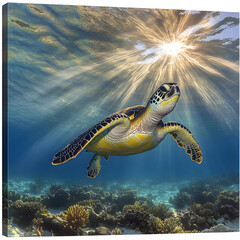 Majestic Sea Turtle in Pritine Ocean Waters Amidst Vbrant Coral Reefs CapturedUnderwater