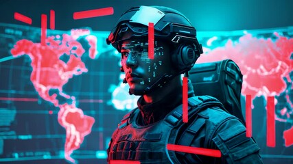Cyber soldier in tactical gear with augmented reality interface and global map hologram showcasing military technology and digital warfare - Powered by Adobe