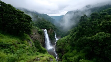 Fototapeta premium A majestic double waterfall cascades down lush green cliffs enveloped in mist set within a dramatic mountain valley
