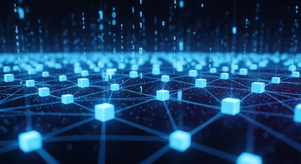 Digital network with glowing cubes and data streams