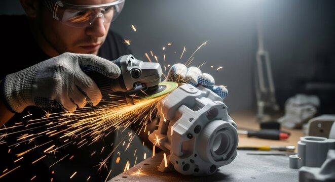 Engineer using grinder with sparks on 3D printed model, processing prototype with angle grinder, modern biomechanical technology.