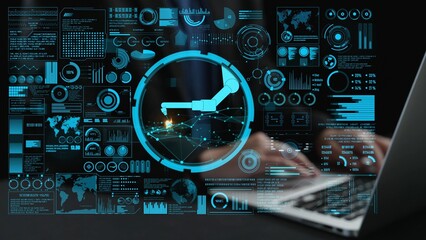 This image features a robotic arm interacting with a digital interface, showcasing data visualization and analytics for industry and technological advancements. Cipher