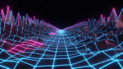 A retro-futuristic digital landscape with neon blue grid and pink glowing mountains under a dark, starry sky, evoking 80s synthwave aesthetics. - Powered by Adobe