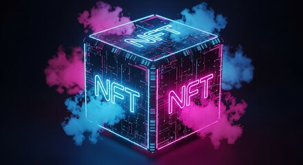 NFT cube with neon light and digital background
