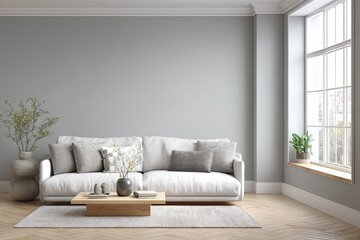 Fototapeta premium Contemporary living room interior design featuring comfortable seating and natural light