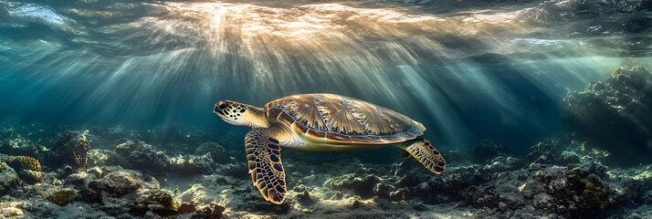 Majestic Sea Turtle in Pritine Ocean Waters Amidst Vbrant Coral Reefs CapturedUnderwater
