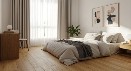Fototapeta premium Modern Bedroom Interior Design with Natural Light, Cozy Bedding, and Abstract Art