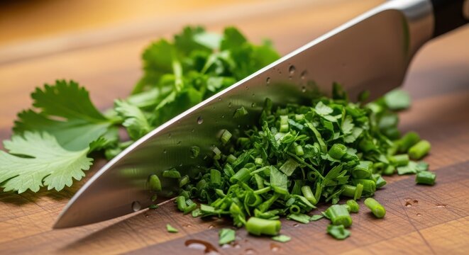 Closeup of a sharp knife slicing fresh cilantro on a wooden cutting board, creating a vibrant and aromatic culinary scene
