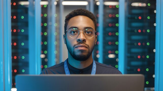 Focused Young IT Professional Working on Laptop in Modern Data Center Environment with Server Racks