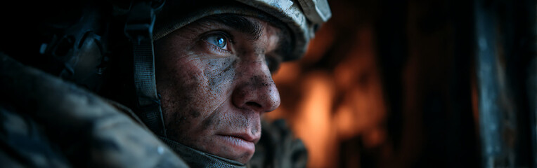 A soldier's intense and vigilant gaze, his face marked by the rigors of combat and strategic awareness, enduring the harsh realities of conflict and demanding operational conditions