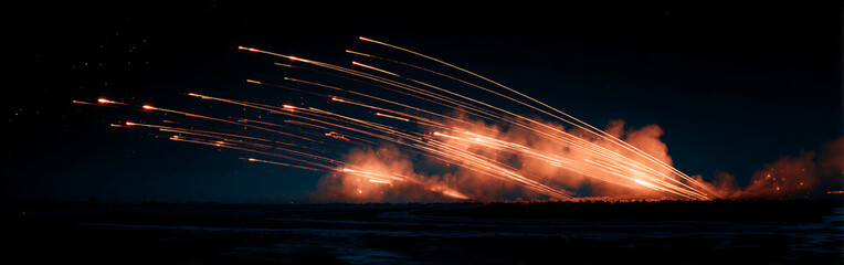 A strategic nighttime military assault showing a barrage of fiery projectiles and explosions illuminating the battlefield during a tactical combat operation