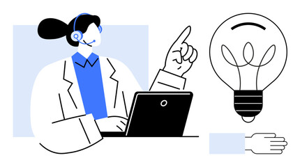 Female customer service agent wearing a headset, pointing upward while working on a laptop. Light bulb signifies innovation and creativity. Ideal for customer service, teamwork, problem-solving, idea