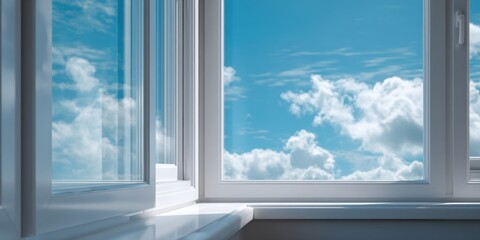 Open window with a view of blue sky and fluffy white clouds on a bright day