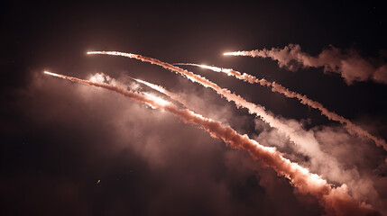 Dynamic visual of multiple fiery streaking projectiles illuminating the dark night sky with luminous trails, capturing powerful aerial activity