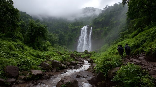 Majestic waterfall cascading through a lush green mountain landscape with hikers on a misty trail